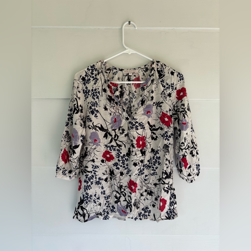 Rose & Thyme Women’s Small White Red NavyBlue Floral Top Blouse 3/4 Sleeves Boho